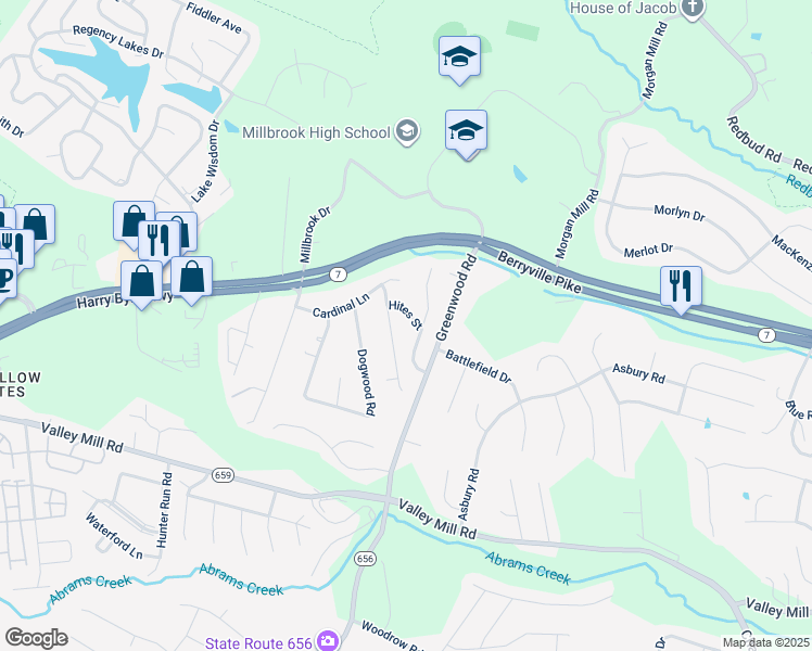 map of restaurants, bars, coffee shops, grocery stores, and more near 103 Hites Street in Winchester
