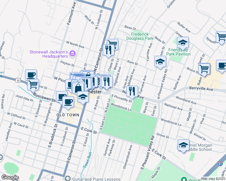 map of restaurants, bars, coffee shops, grocery stores, and more near 247 East Fairfax Lane in Winchester