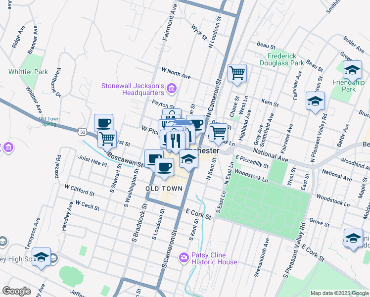 map of restaurants, bars, coffee shops, grocery stores, and more near 119 North Loudoun Street in Winchester