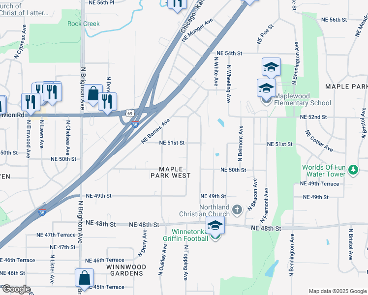 map of restaurants, bars, coffee shops, grocery stores, and more near 5041 North Topping Avenue in Kansas City