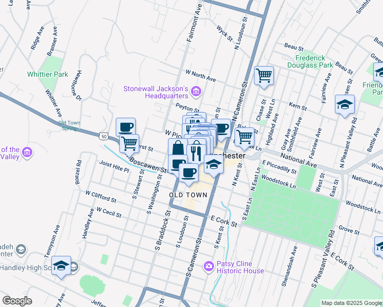 map of restaurants, bars, coffee shops, grocery stores, and more near 112 North Braddock Street in Winchester