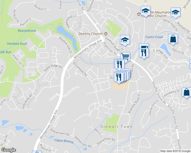 map of restaurants, bars, coffee shops, grocery stores, and more near 9400 Amboy Road in Gaithersburg