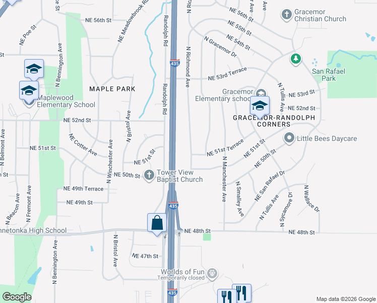 map of restaurants, bars, coffee shops, grocery stores, and more near 5135 North Richmond Avenue in Kansas City