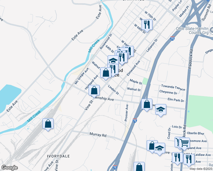 map of restaurants, bars, coffee shops, grocery stores, and more near 345 Linden Street in Cincinnati