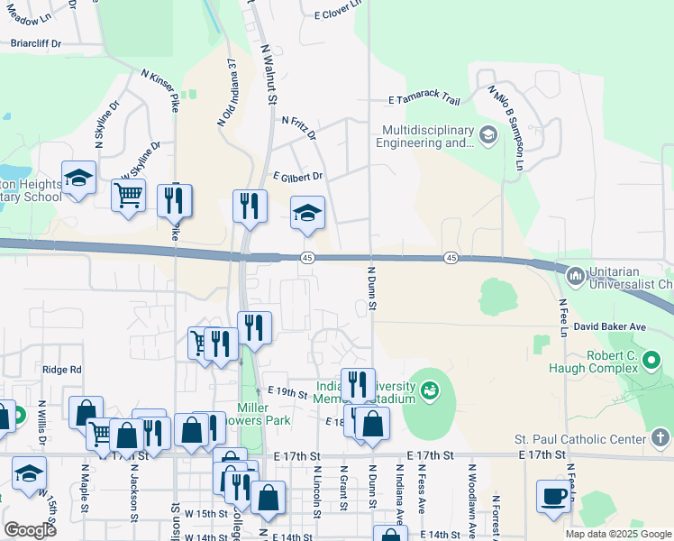 map of restaurants, bars, coffee shops, grocery stores, and more near 322 Route 45 in Bloomington