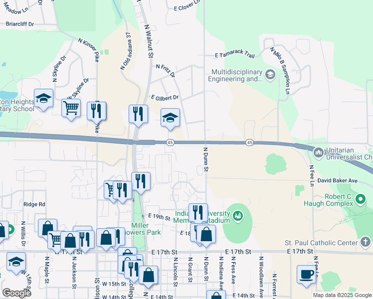 map of restaurants, bars, coffee shops, grocery stores, and more near 322 Highway 45 in Bloomington