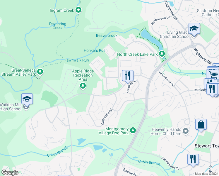 map of restaurants, bars, coffee shops, grocery stores, and more near 20101 Torrey Pond Place in Gaithersburg