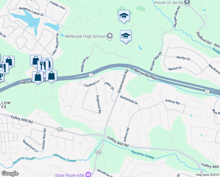 map of restaurants, bars, coffee shops, grocery stores, and more near 103 Hites Street in Winchester