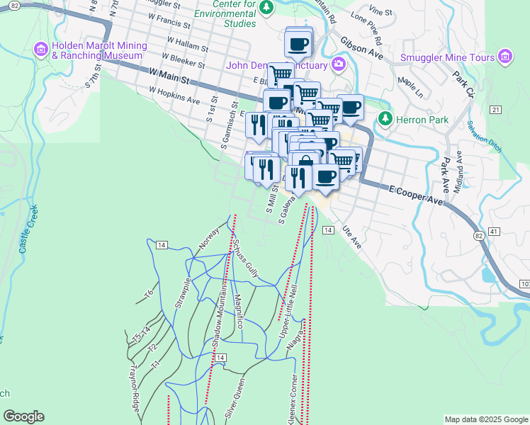 map of restaurants, bars, coffee shops, grocery stores, and more near 731 South Mill Street in Aspen