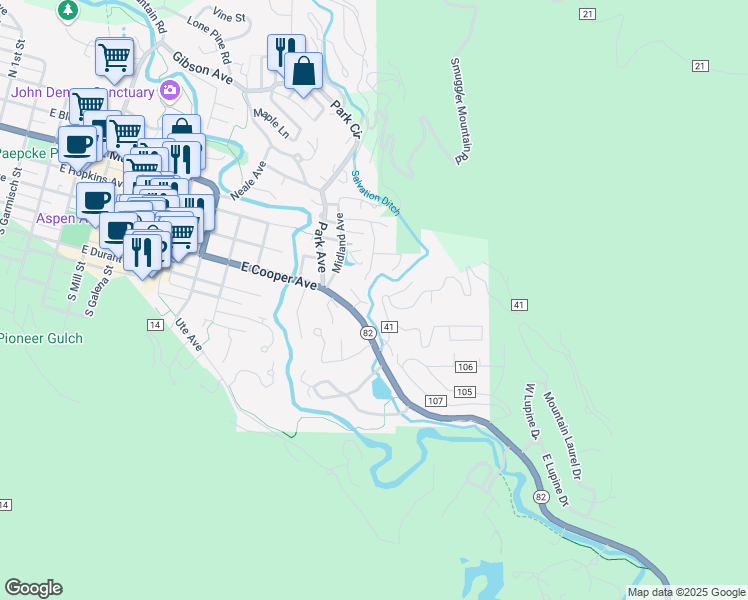 map of restaurants, bars, coffee shops, grocery stores, and more near 112 Robinson Rd in Aspen