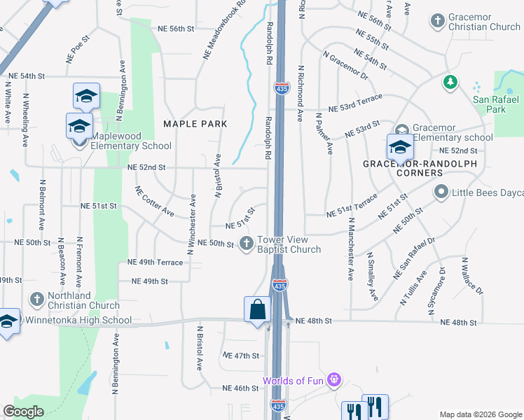 map of restaurants, bars, coffee shops, grocery stores, and more near 7335 Northeast 51st Street in Kansas City