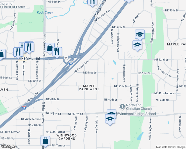 map of restaurants, bars, coffee shops, grocery stores, and more near 5615 Northeast 51st Street in Kansas City