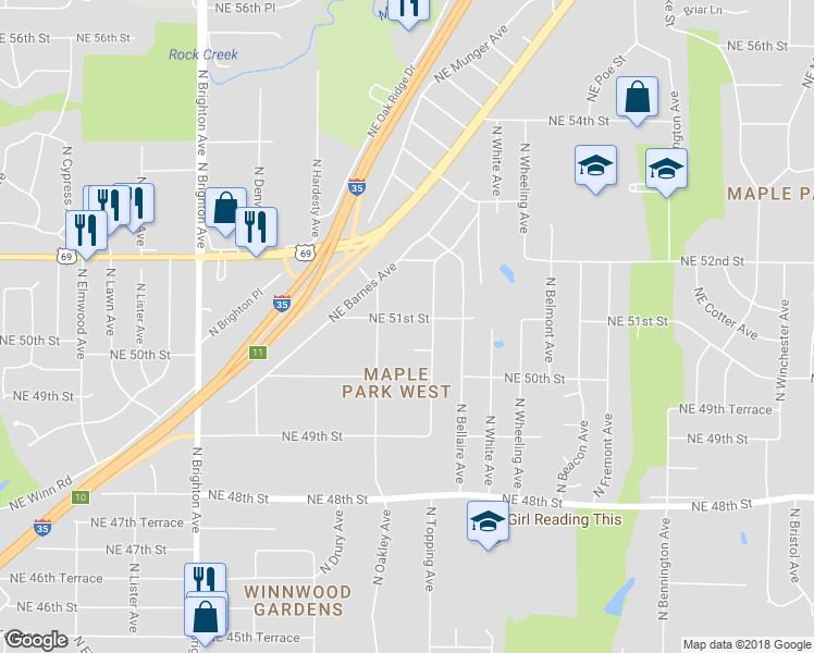 map of restaurants, bars, coffee shops, grocery stores, and more near 5621 Northeast 51st Street in Kansas City