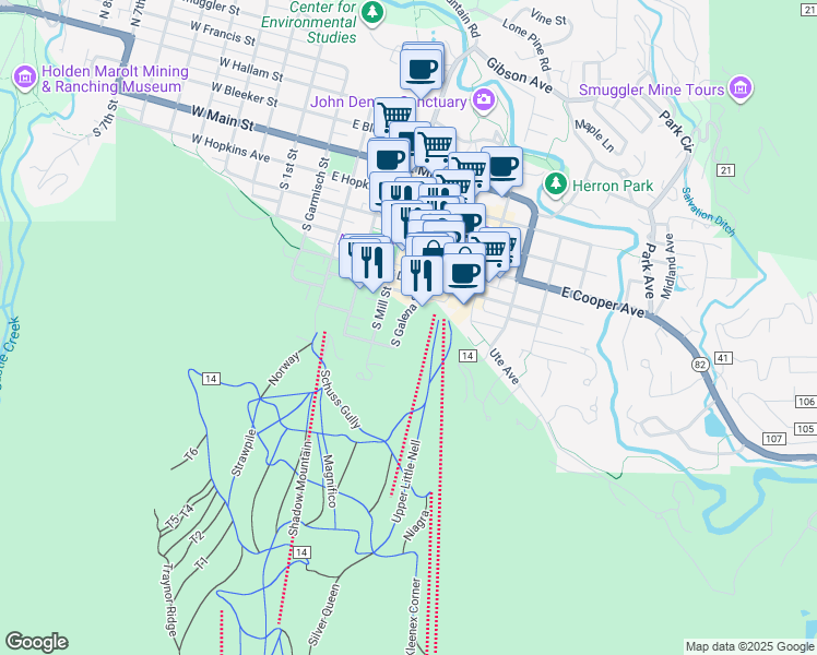 map of restaurants, bars, coffee shops, grocery stores, and more near 626 South Galena Street in Aspen