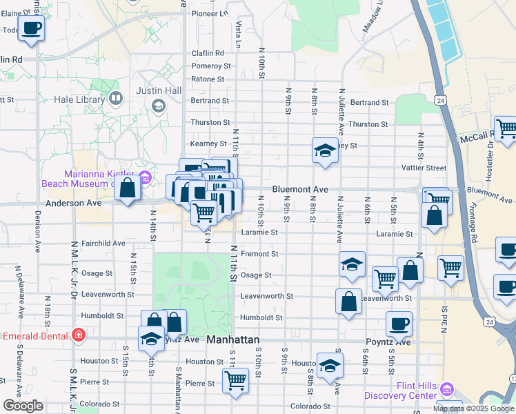 map of restaurants, bars, coffee shops, grocery stores, and more near 1000 Moro Street in Manhattan