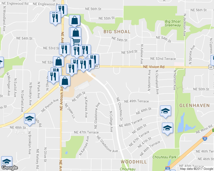 map of restaurants, bars, coffee shops, grocery stores, and more near 4984 Northeast Chouteau Drive in Kansas City