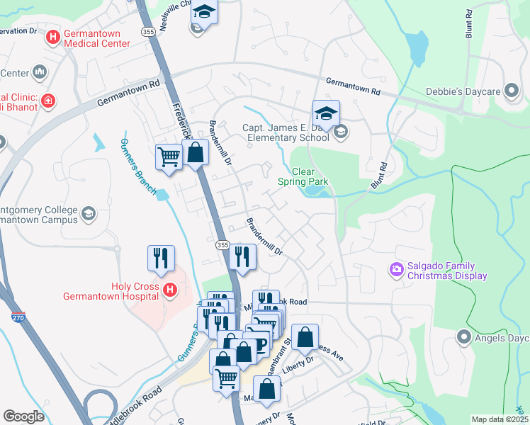 map of restaurants, bars, coffee shops, grocery stores, and more near 11418 Appledowre Way in Germantown
