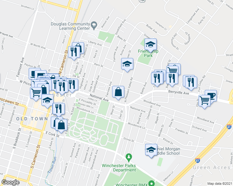 map of restaurants, bars, coffee shops, grocery stores, and more near 445 Virginia Avenue in Winchester