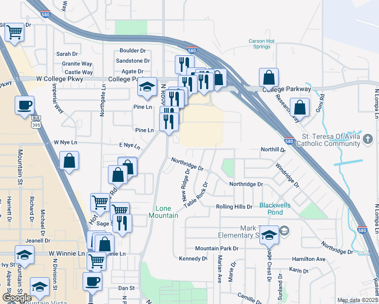map of restaurants, bars, coffee shops, grocery stores, and more near 849 Ridgefield Drive in Carson City