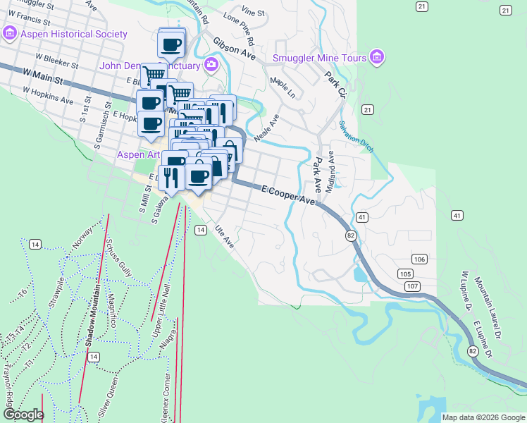 map of restaurants, bars, coffee shops, grocery stores, and more near 929 East Durant Avenue in Aspen
