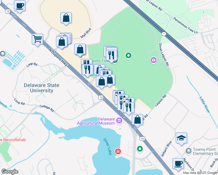 map of restaurants, bars, coffee shops, grocery stores, and more near 1041 North Dupont Highway in Dover