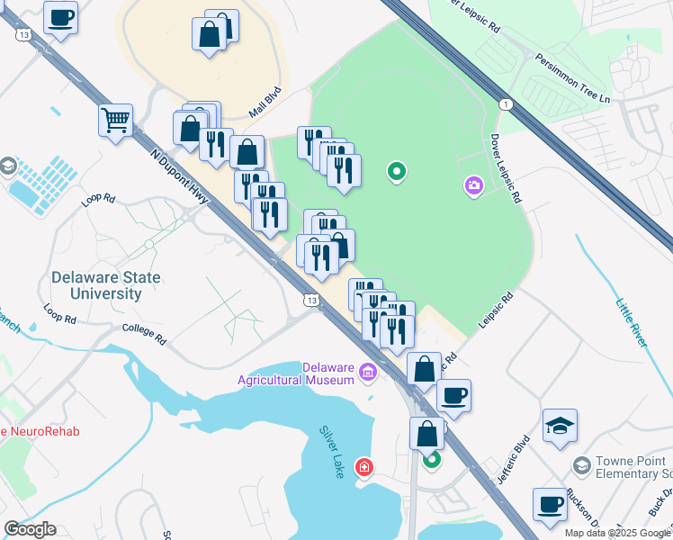 map of restaurants, bars, coffee shops, grocery stores, and more near 1041 North Dupont Highway in Dover