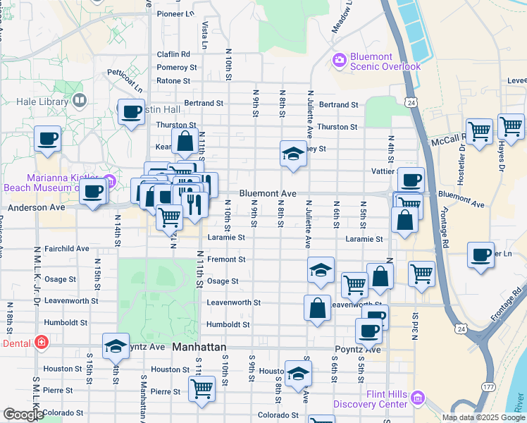 map of restaurants, bars, coffee shops, grocery stores, and more near 820 Moro Street in Manhattan