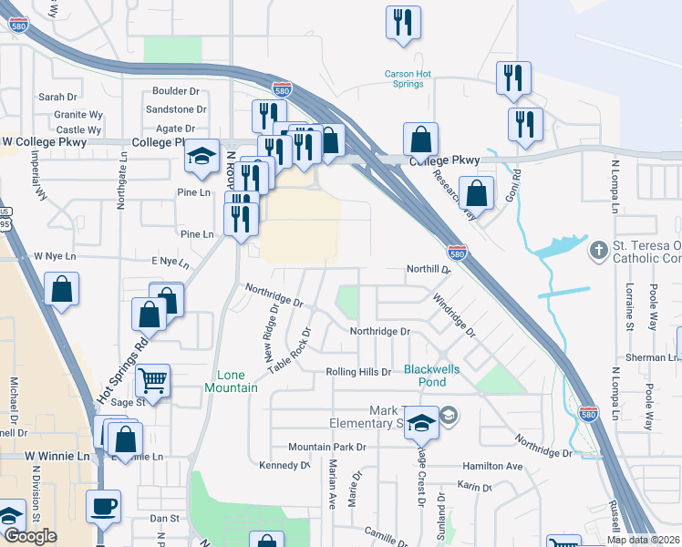 map of restaurants, bars, coffee shops, grocery stores, and more near 1125 Ridgefield Dr in Carson City