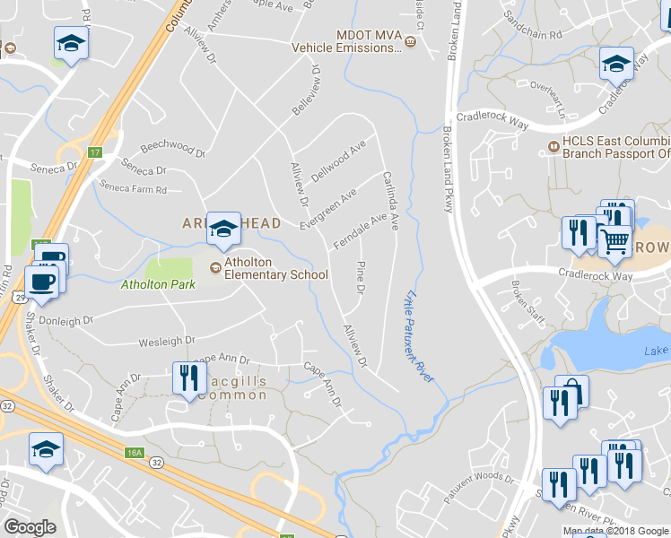map of restaurants, bars, coffee shops, grocery stores, and more near 6709 Allview Drive in Columbia
