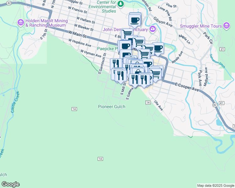 map of restaurants, bars, coffee shops, grocery stores, and more near 731 South Mill Street in Aspen