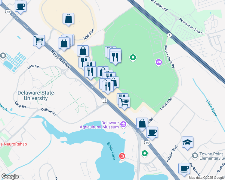 map of restaurants, bars, coffee shops, grocery stores, and more near 1057 North Dupont Highway in Dover