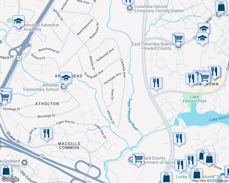 map of restaurants, bars, coffee shops, grocery stores, and more near 6721 Pine Drive in Columbia