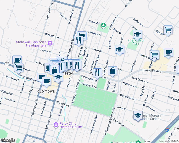 map of restaurants, bars, coffee shops, grocery stores, and more near 340 National Avenue in Winchester
