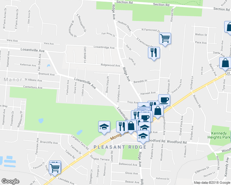 map of restaurants, bars, coffee shops, grocery stores, and more near 6246 Cortelyou Avenue in Cincinnati