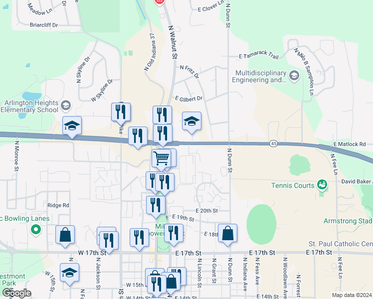 map of restaurants, bars, coffee shops, grocery stores, and more near 220 East Matlock Road in Bloomington