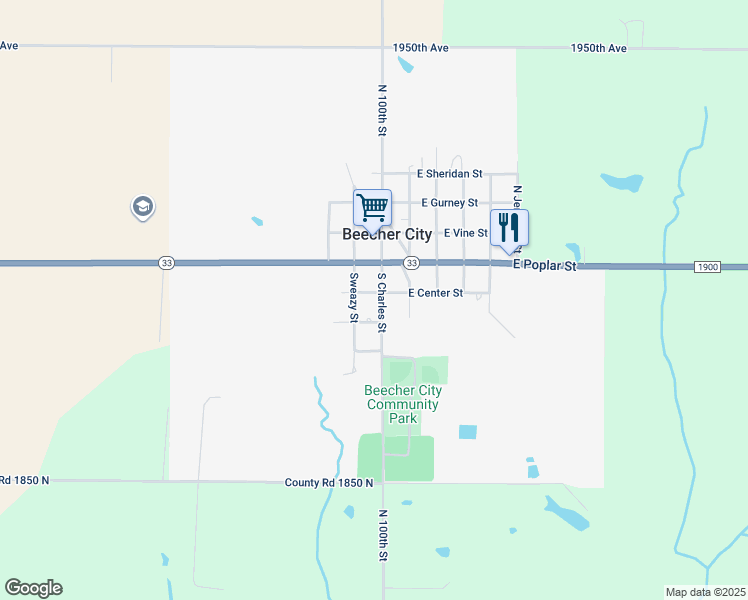 map of restaurants, bars, coffee shops, grocery stores, and more near 202-204 Sweazy Street in Beecher City