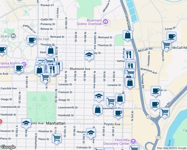 map of restaurants, bars, coffee shops, grocery stores, and more near 711 North Juliette Avenue in Manhattan