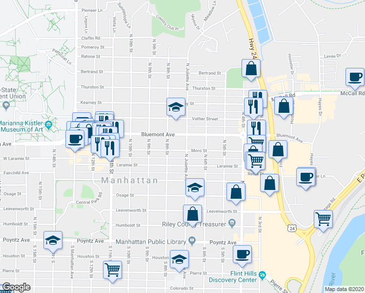 map of restaurants, bars, coffee shops, grocery stores, and more near 711 North Juliette Avenue in Manhattan