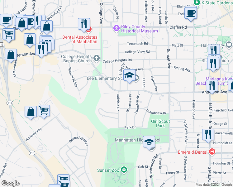 map of restaurants, bars, coffee shops, grocery stores, and more near 544 Oakdale Drive in Manhattan