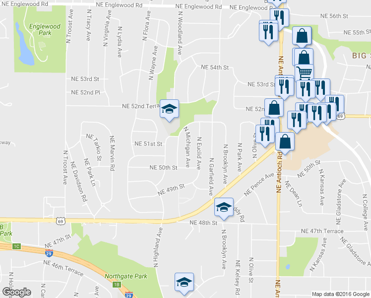 map of restaurants, bars, coffee shops, grocery stores, and more near 5024 North Michigan Avenue in Kansas City