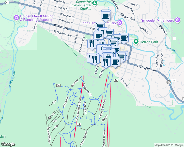map of restaurants, bars, coffee shops, grocery stores, and more near 731 South Mill Street in Aspen