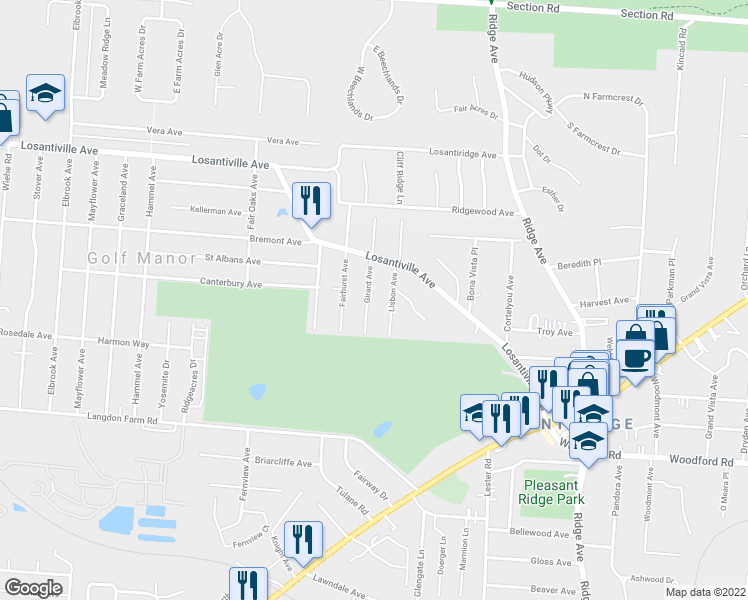 map of restaurants, bars, coffee shops, grocery stores, and more near 6234 Girard Avenue in Cincinnati