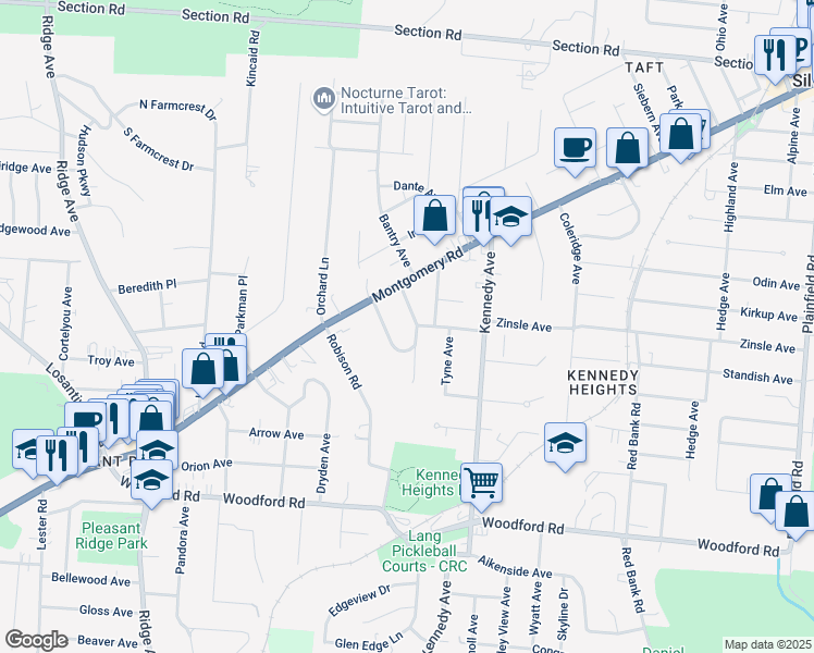 map of restaurants, bars, coffee shops, grocery stores, and more near 6245 Rogers Park Pl in Cincinnati