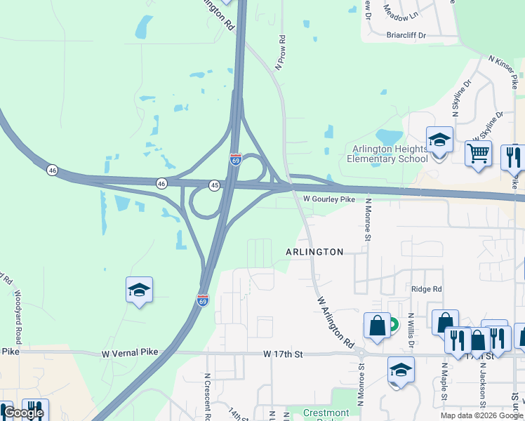 map of restaurants, bars, coffee shops, grocery stores, and more near 1403 Hickory Lane in Bloomington