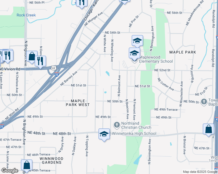 map of restaurants, bars, coffee shops, grocery stores, and more near 5036 North Wheeling Avenue in Kansas City