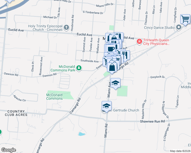 map of restaurants, bars, coffee shops, grocery stores, and more near 7650 Camargo Road in Madeira