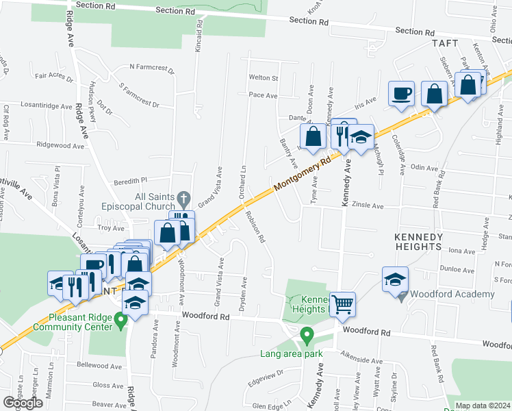 map of restaurants, bars, coffee shops, grocery stores, and more near 6416 Montgomery Road in Cincinnati