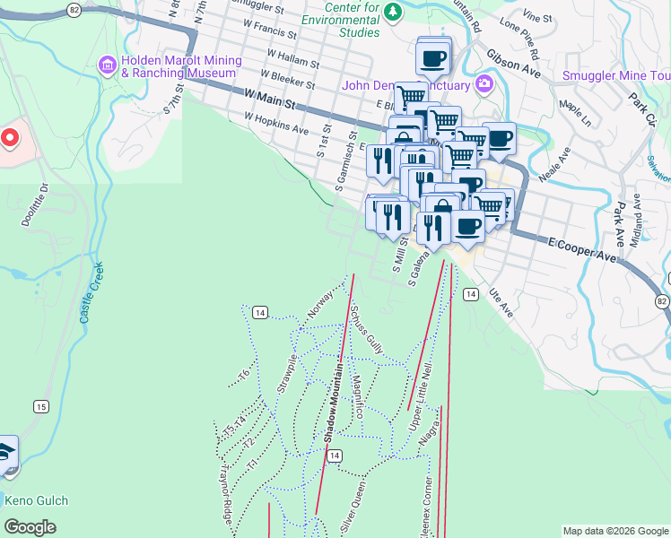 map of restaurants, bars, coffee shops, grocery stores, and more near 809 South Aspen Street in Aspen