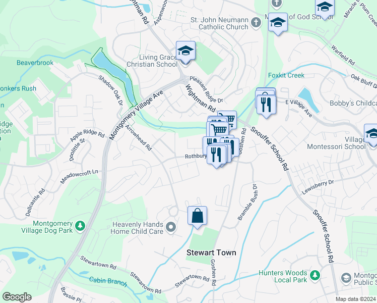 map of restaurants, bars, coffee shops, grocery stores, and more near 20100 Rothbury Lane in Montgomery Village