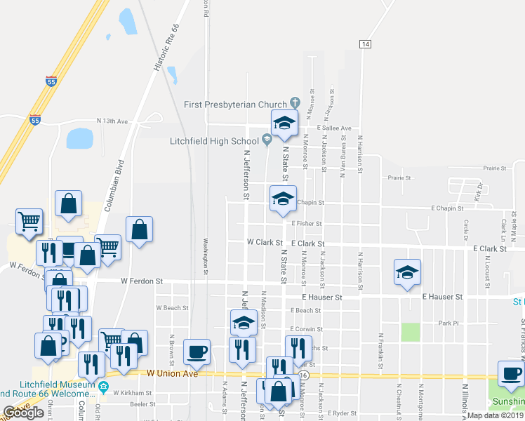 map of restaurants, bars, coffee shops, grocery stores, and more near 1421 North Madison Street in Litchfield